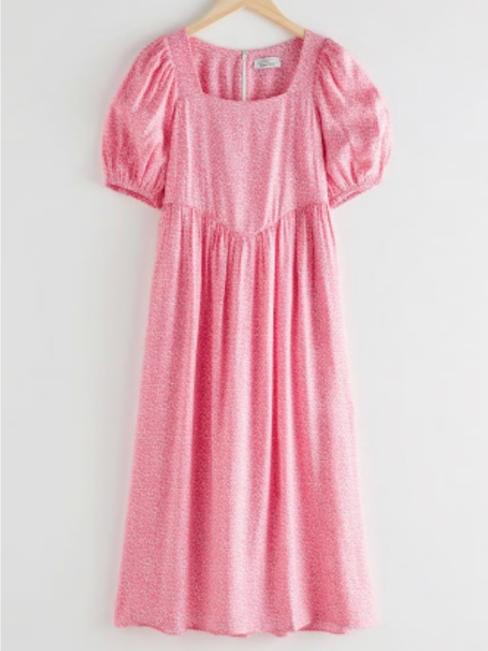 & Other Stories Pink Square-Neck Midi Dress with Puff Sleeves size 4